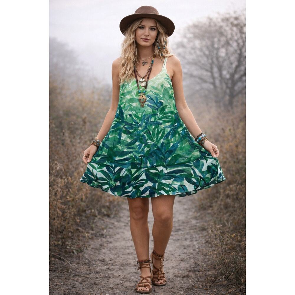 Cabi‎ Castaway Green Leaf Tropical Print Coastal Women Sundress Boho Chic SM